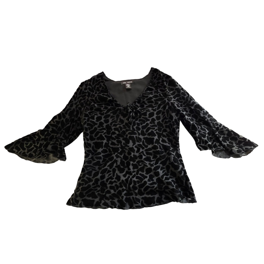 Velvet Blouse Animal Print Tie Neck Bell Sleeve Small Black Glam Y2K Mob Wife